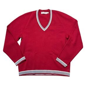 ST. CROIX Wool V-Neck Sweater Red Gray White Size Large